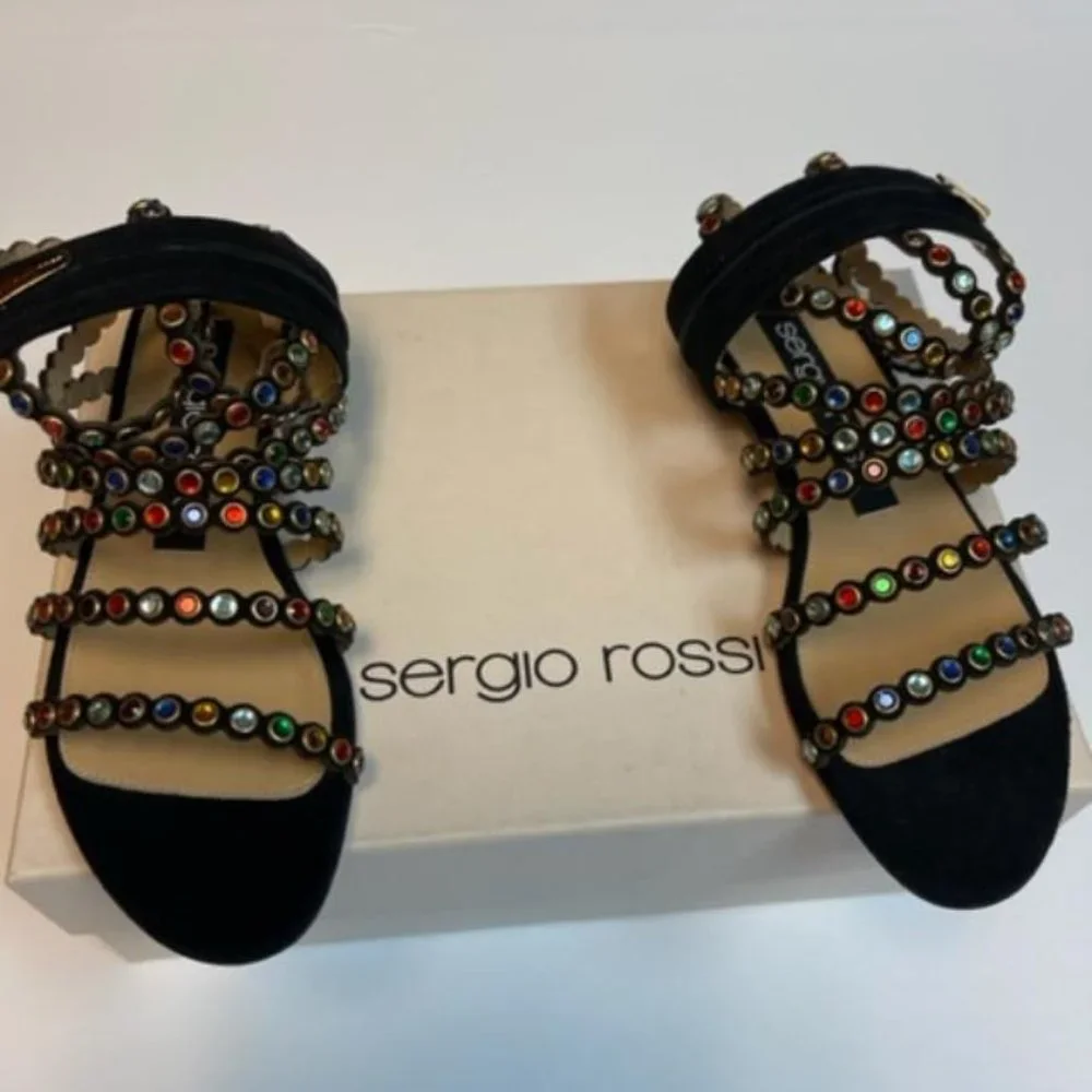 SERGIO ROSSI GLADIATOR SANDALS ADORNED WITH GLASS STONES SIZE 36/ 6 - Picture 3 of 8